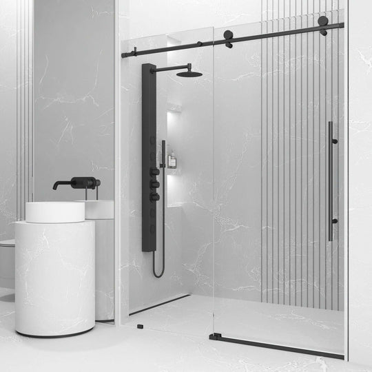 Matte black frameless sliding shower door with clear tempered glass, 56-60 in. width