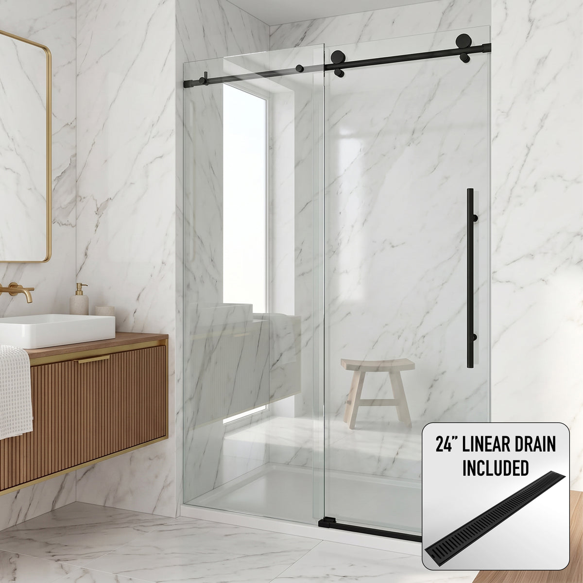 Elan E-Class 56 to 60 in. W x 76 in. H Frameless Sliding Shower Door and Elan 24 in. Linear Shower Drain in Matte Black