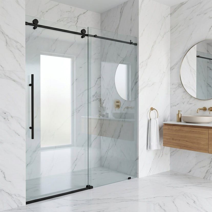 Elan E-Class 56 to 60 in. W x 76 in. H Frameless Sliding Shower Door and Elan 24 in. Linear Shower Drain in Matte Black