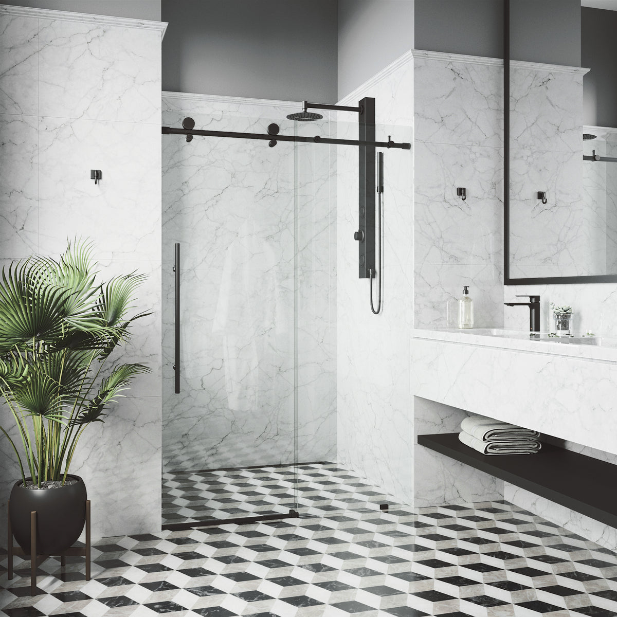 Elan E-Class 56 to 60 in. W x 76 in. H Frameless Sliding Shower Door and Elan 24 in. Linear Shower Drain in Matte Black