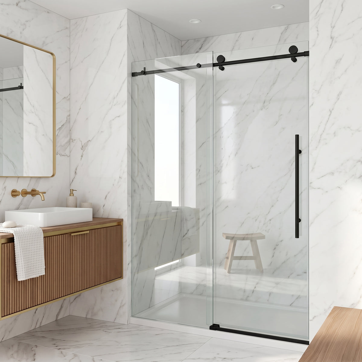 Elan E-Class 56 to 60 in. W x 76 in. H Frameless Sliding Shower Door and Meridian 4-Piece Bath Hardware Set in Matte Black