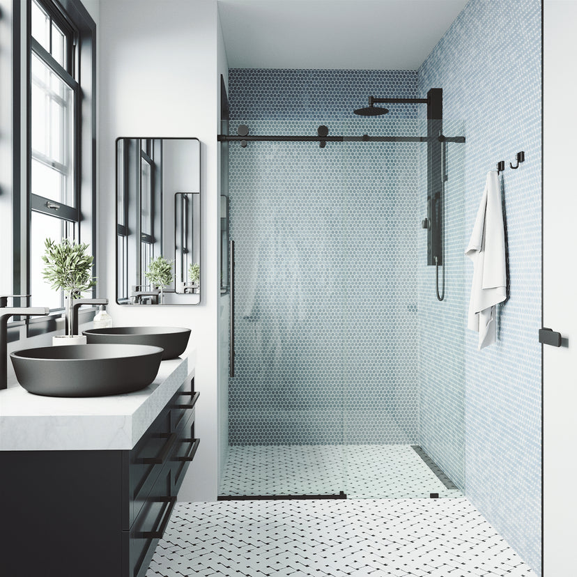Elan E-Class 56 to 60 in. W x 76 in. H Frameless Sliding Shower Door and Meridian 4-Piece Bath Hardware Set in Matte Black