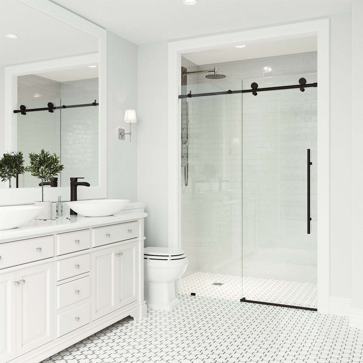 Stainless steel hardware matte black shower door, 76 in. height, clear tempered glass