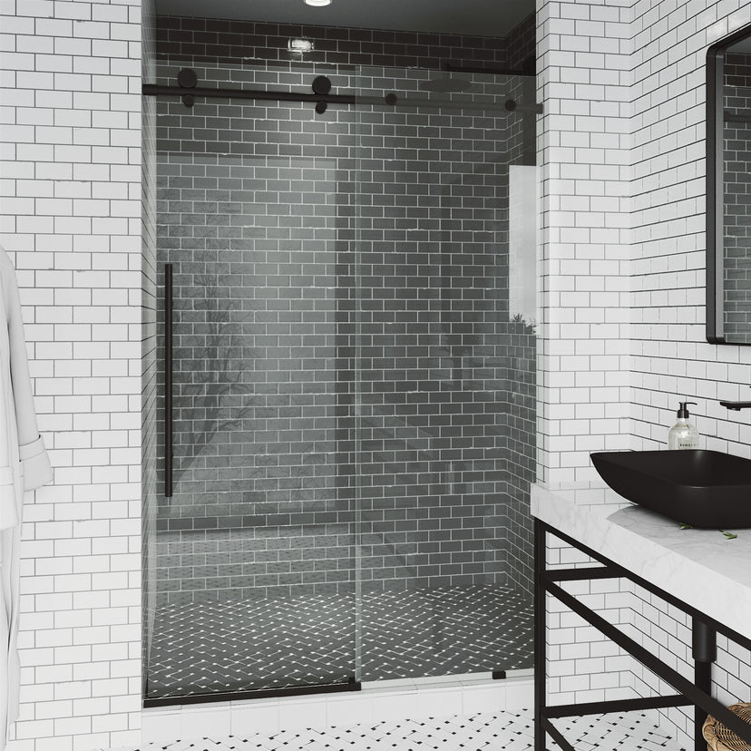 Elan E-Class 60 to 64 in. W x 76 in. H Frameless Sliding Shower Door and Elan 24 in. Linear Shower Drain in Matte Black