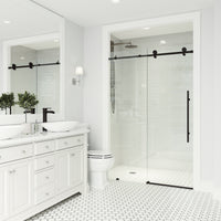 Elan E-Class 60 to 64 in. W x 76 in. H Frameless Sliding Shower Door and Meridian 4-Piece Bath Hardware Set in Matte Black
