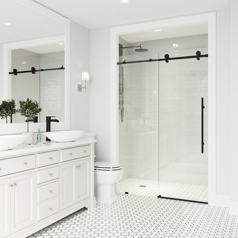 Elan E-Class 60 to 64 in. W x 76 in. H Frameless Sliding Shower Door and Meridian 4-Piece Bath Hardware Set in Matte Black