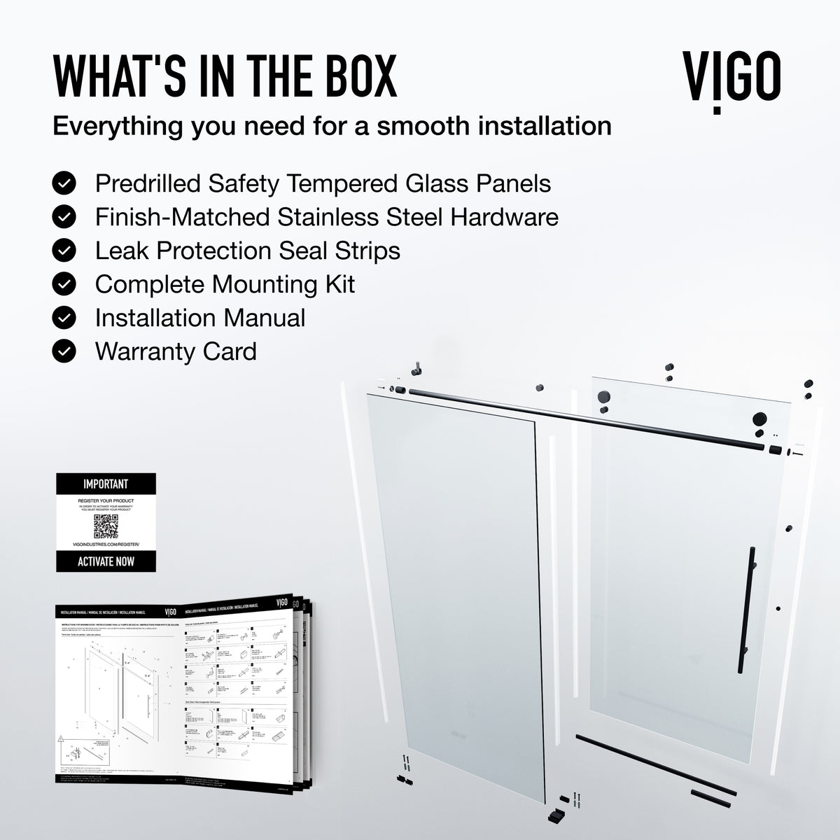 Elan E-Class 60 to 64 in. W x 76 in. H Frameless Sliding Shower Door and Meridian 4-Piece Bath Hardware Set in Matte Black