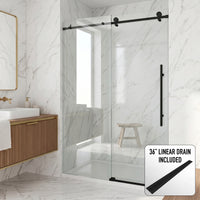 Elan E-Class 60-64 in. W x 76 in. H Frameless Sliding Shower Door in Matte Black with 3/8 in. (10mm) Clear Glass and Elan 36 in. Linear Shower Drain