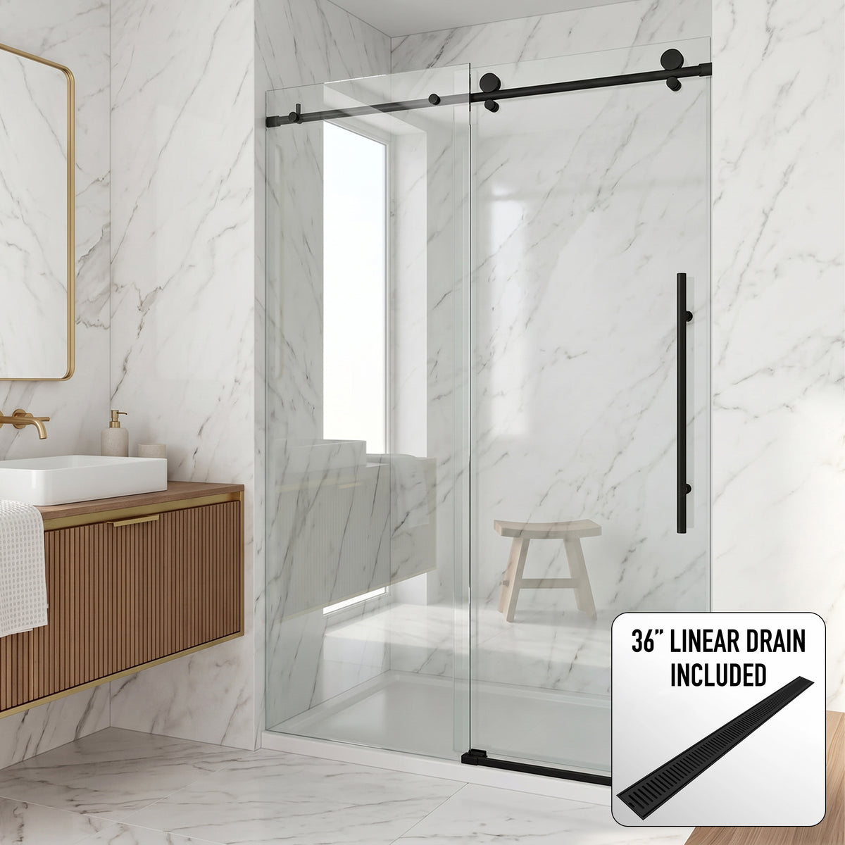 Elan E-Class 60-64 in. W x 76 in. H Frameless Sliding Shower Door in Matte Black with 3/8 in. (10mm) Clear Glass and Elan 36 in. Linear Shower Drain
