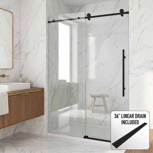 Elan E-Class 60-64 in. W x 76 in. H Frameless Sliding Shower Door in Matte Black with 3/8 in. (10mm) Clear Glass and Elan 36 in. Linear Shower Drain