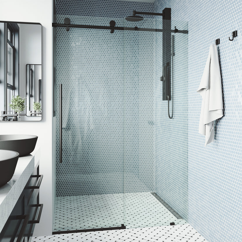 Elan E-Class 64 to 68 in. W x 76 in. H Frameless Sliding Shower Door and Meridian 4-Piece Bath Hardware Set in Matte Black