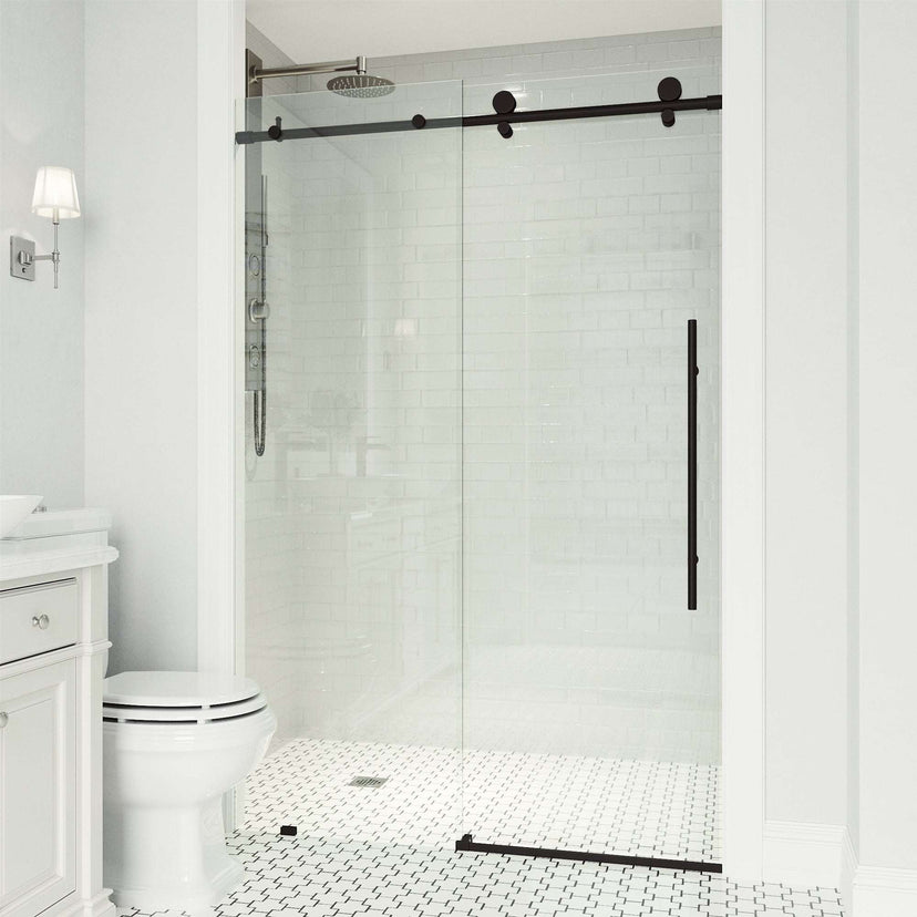 Clear glass frameless shower door with matte black bar handle, 68-72 in. width