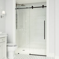 Elan E-Class 68-72 in. W x 76 in. H Frameless Sliding Shower Door in Matte Black with 3/8 in. (10mm) Clear Glass and Elan 24 in. Linear Shower Drain