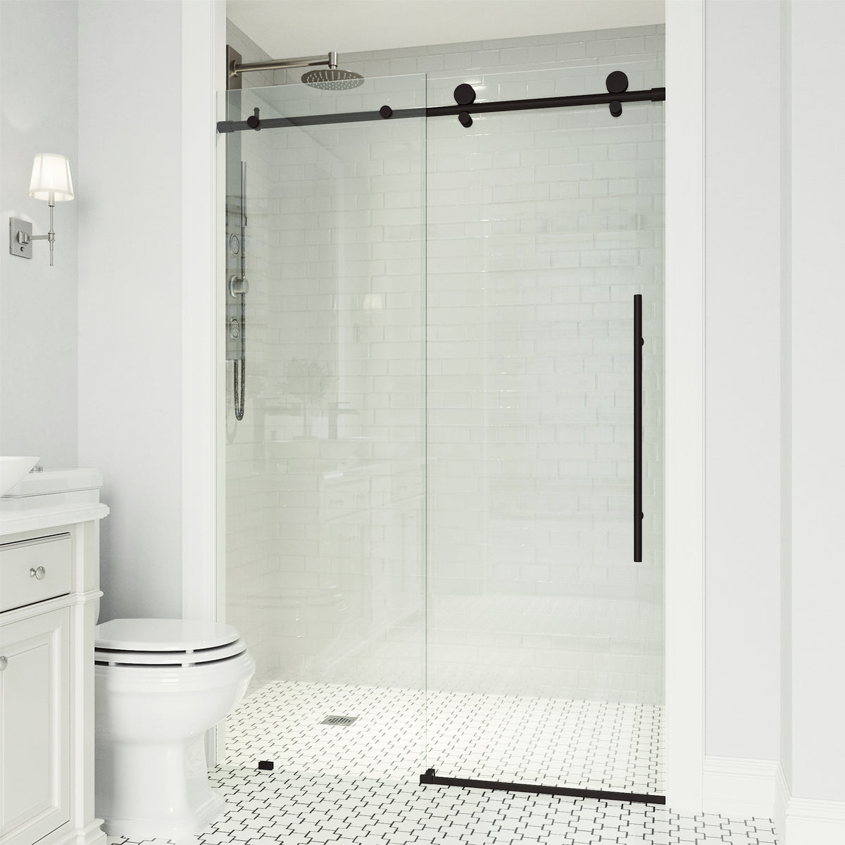 Elan E-Class 68-72 in. W x 76 in. H Frameless Sliding Shower Door in Matte Black with 3/8 in. (10mm) Clear Glass and Elan 24 in. Linear Shower Drain