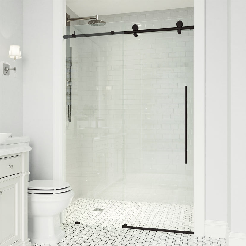Elan E-Class 68-72 in. W x 76 in. H Frameless Sliding Shower Door in Matte Black with 3/8 in. (10mm) Clear Glass and Elan 24 in. Linear Shower Drain