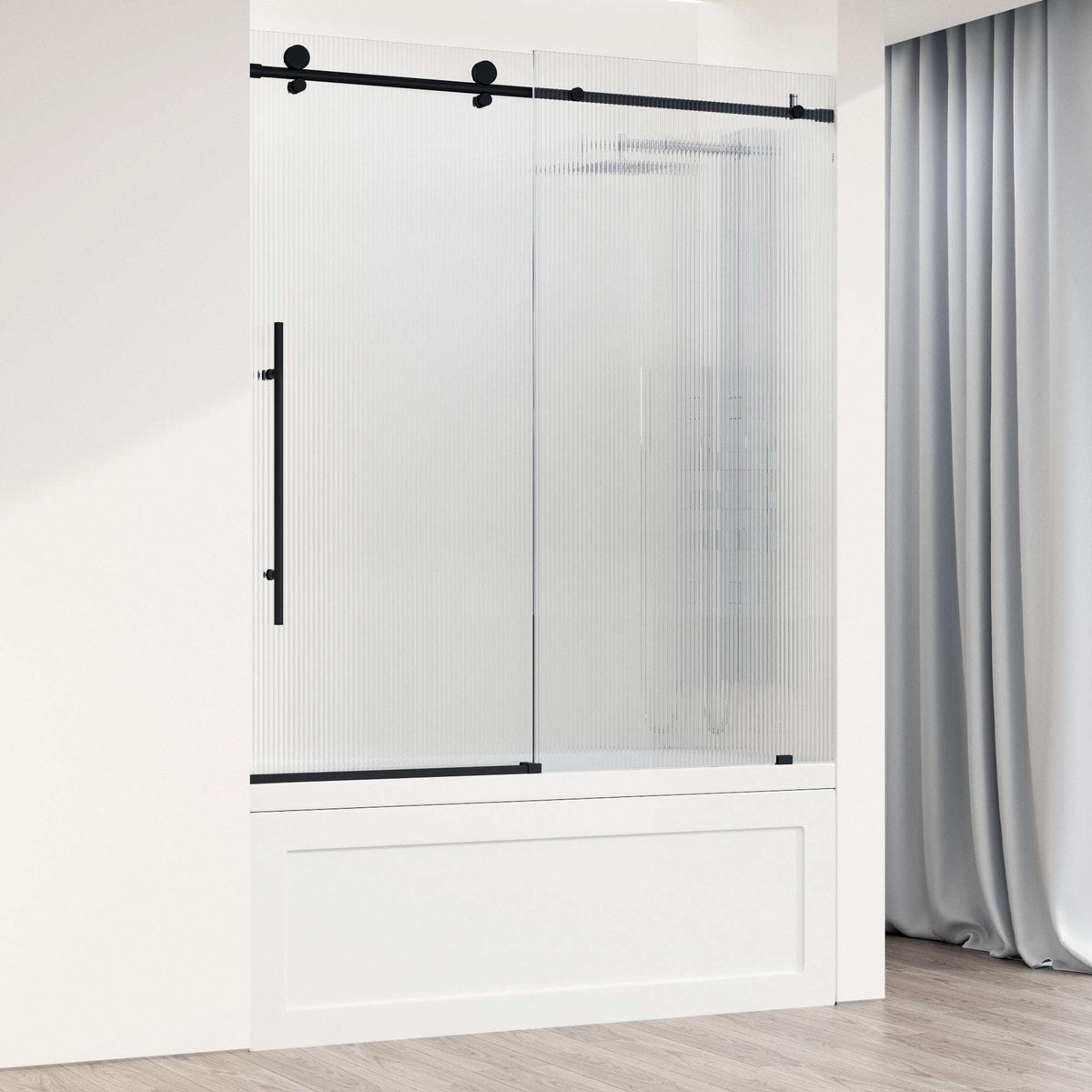 Matte black frameless sliding tub door with fluted tempered glass, left installation, 66 in. height