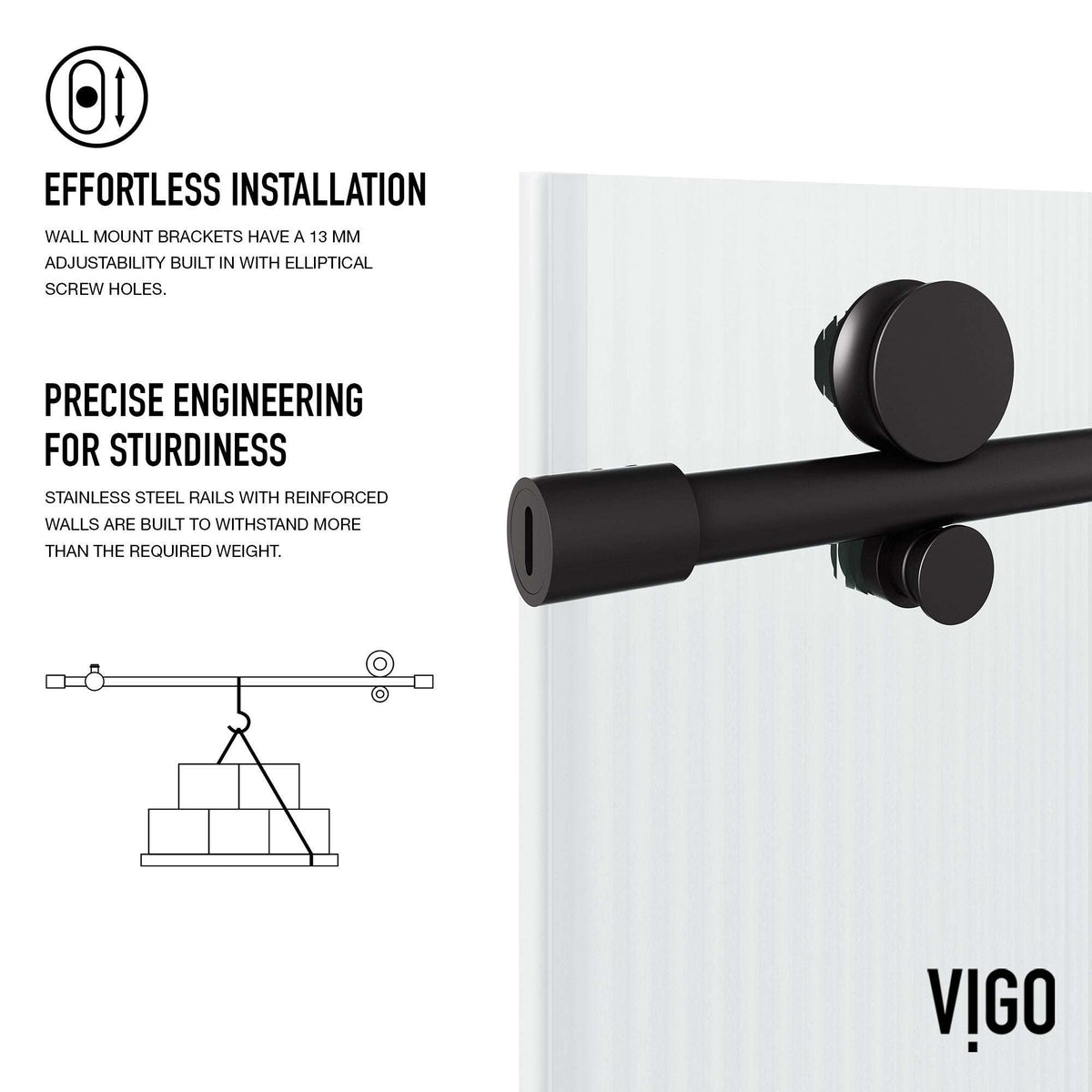 Left-side installation tub door, matte black, fluted glass, frameless, sliding, 66 in. tall