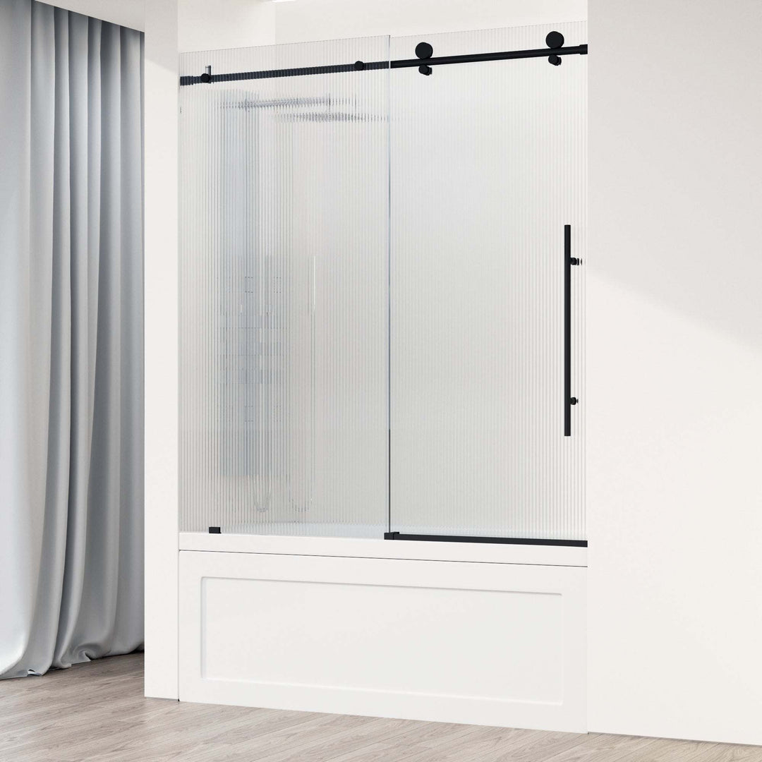 Matte black frameless sliding tub door with fluted tempered glass, right installation, 66 in. height