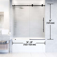 Matte black frameless tub door, fluted glass, right handle, 66 in. tall, adjustable width