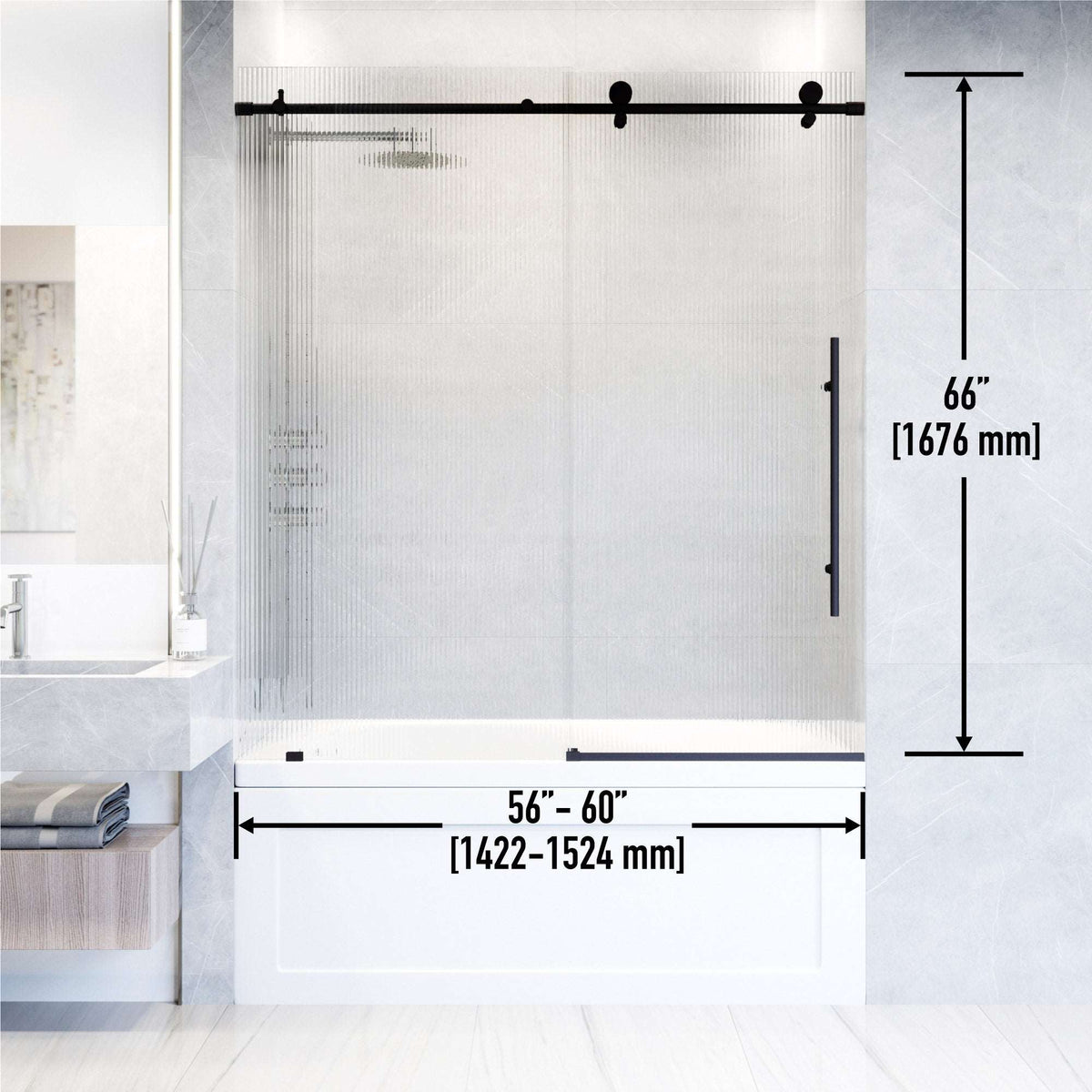 Matte black frameless tub door, fluted glass, right handle, 66 in. tall, adjustable width