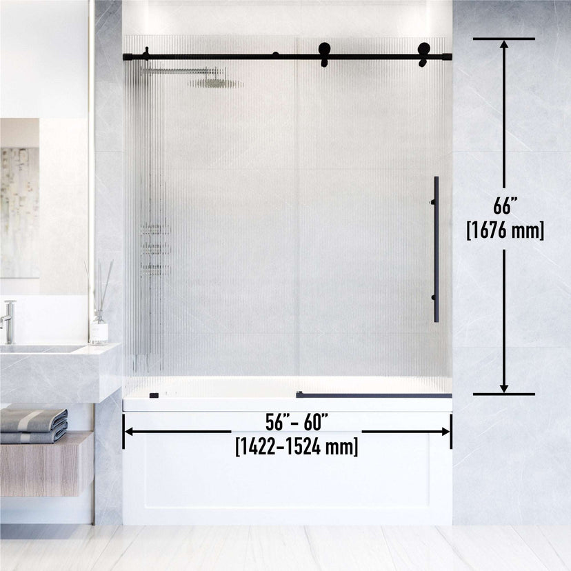 Matte black frameless tub door, fluted glass, right handle, 66 in. tall, adjustable width