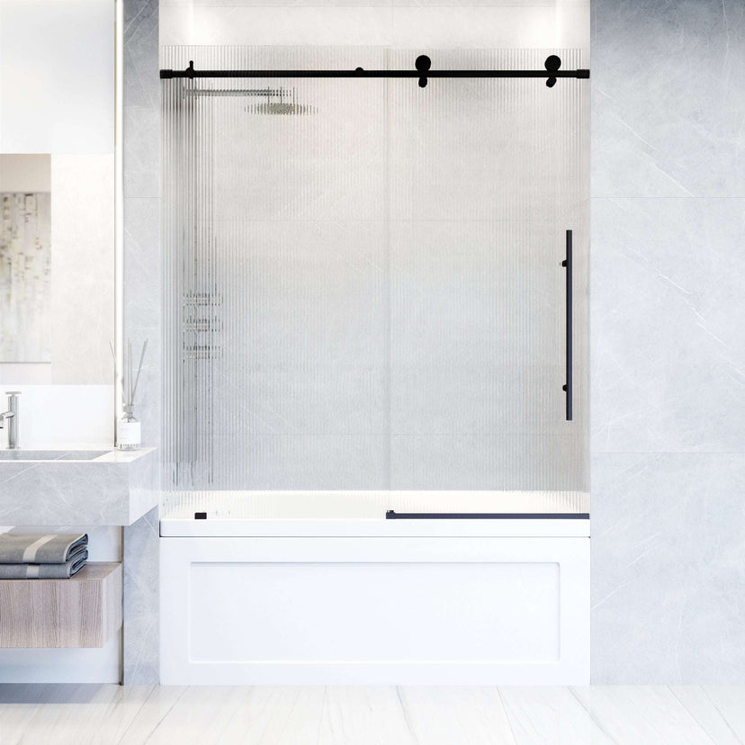 Right installation sliding tub door, matte black, fluted tempered glass, 66 in. height