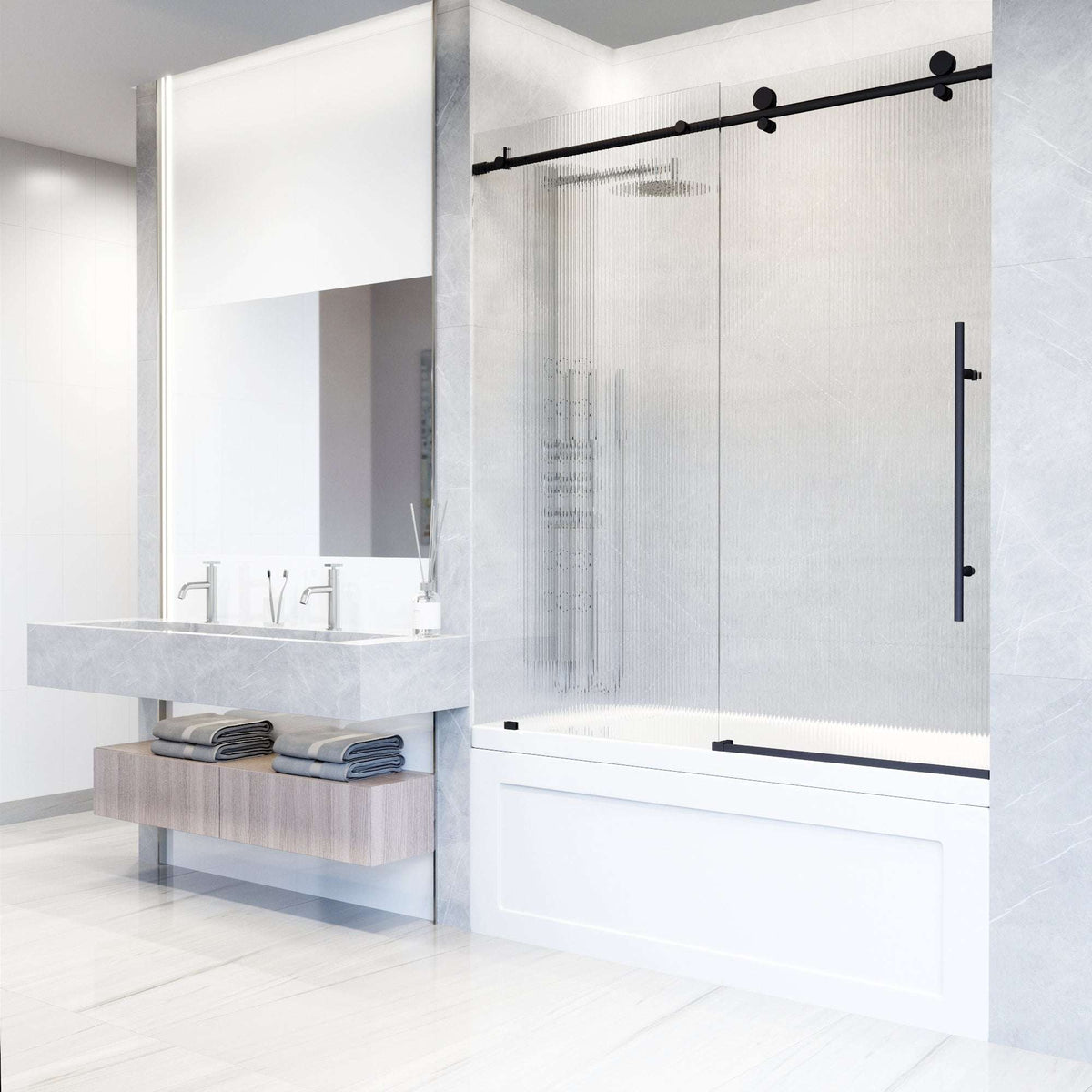 Frameless tub door, fluted glass, matte black, sliding, right side, 56 to 60 in. width