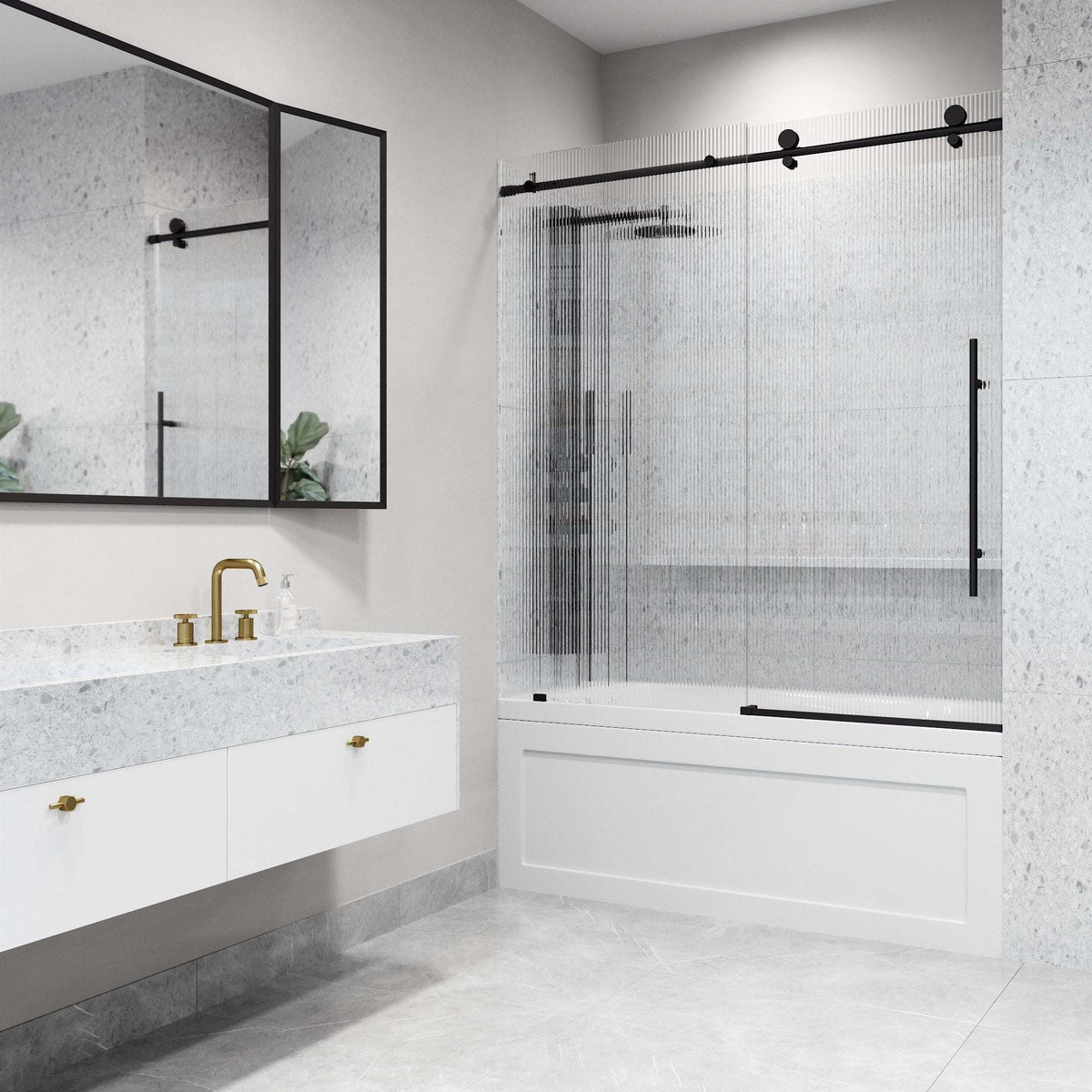 Matte black finish sliding tub door, fluted glass, right installation, 66 in. assembled height