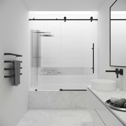 Sliding tub door with fluted glass, matte black frameless, right installation, 66 in. height