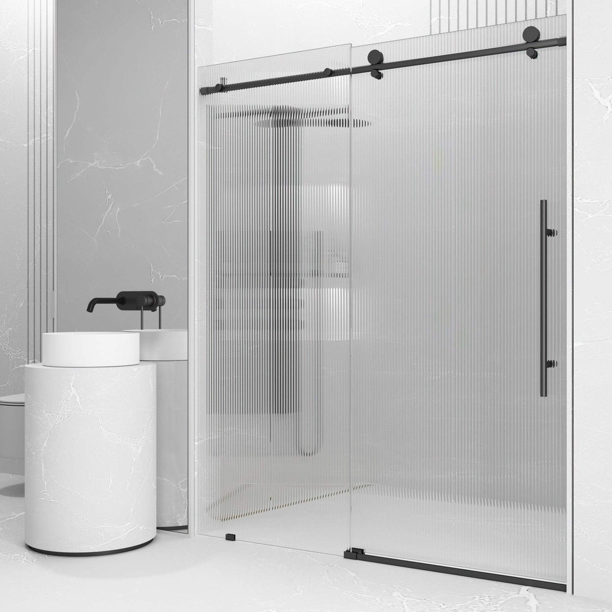 Matte black frameless sliding shower door with fluted tempered glass, 56-60 in. width
