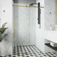 Matte brushed gold frameless sliding shower door with clear tempered glass, 44-48 in. width