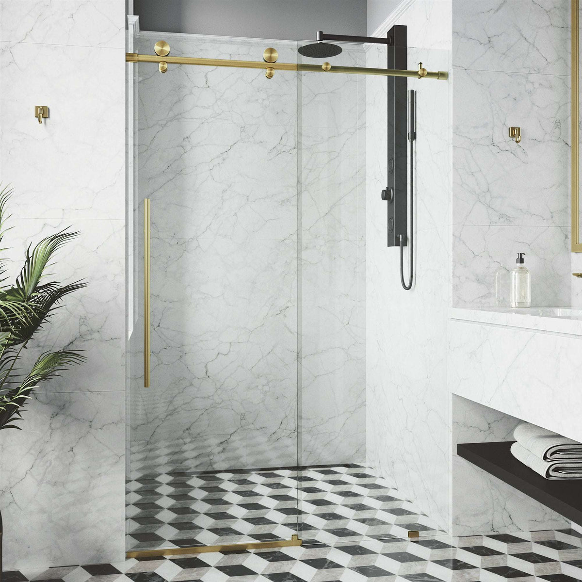 Matte brushed gold frameless sliding shower door with clear tempered glass, 44-48 in. width
