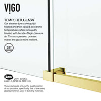 Matte gold frameless shower door with bar handle, 76 in. height, clear tempered glass