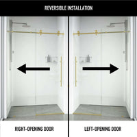 Frameless shower door with matte gold finish, sliding design, clear tempered glass