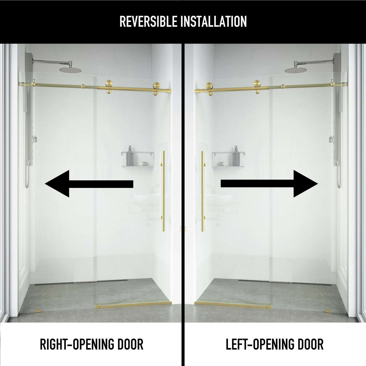 Frameless shower door with matte gold finish, sliding design, clear tempered glass