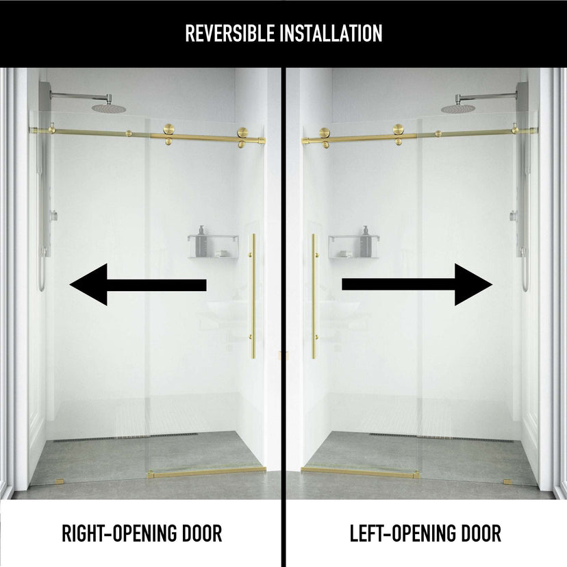 Frameless shower door with matte gold finish, sliding design, clear tempered glass