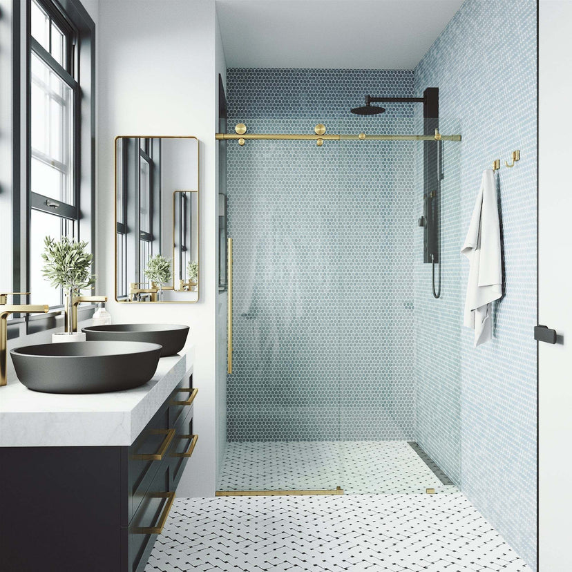 Stainless steel hardware matte gold shower door, 76 in. height, clear tempered glass