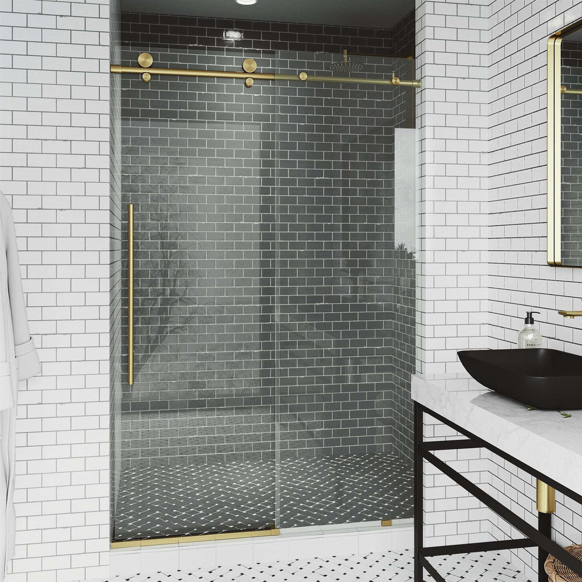 Clear glass frameless shower door with matte gold bar handle, 44-48 in. width