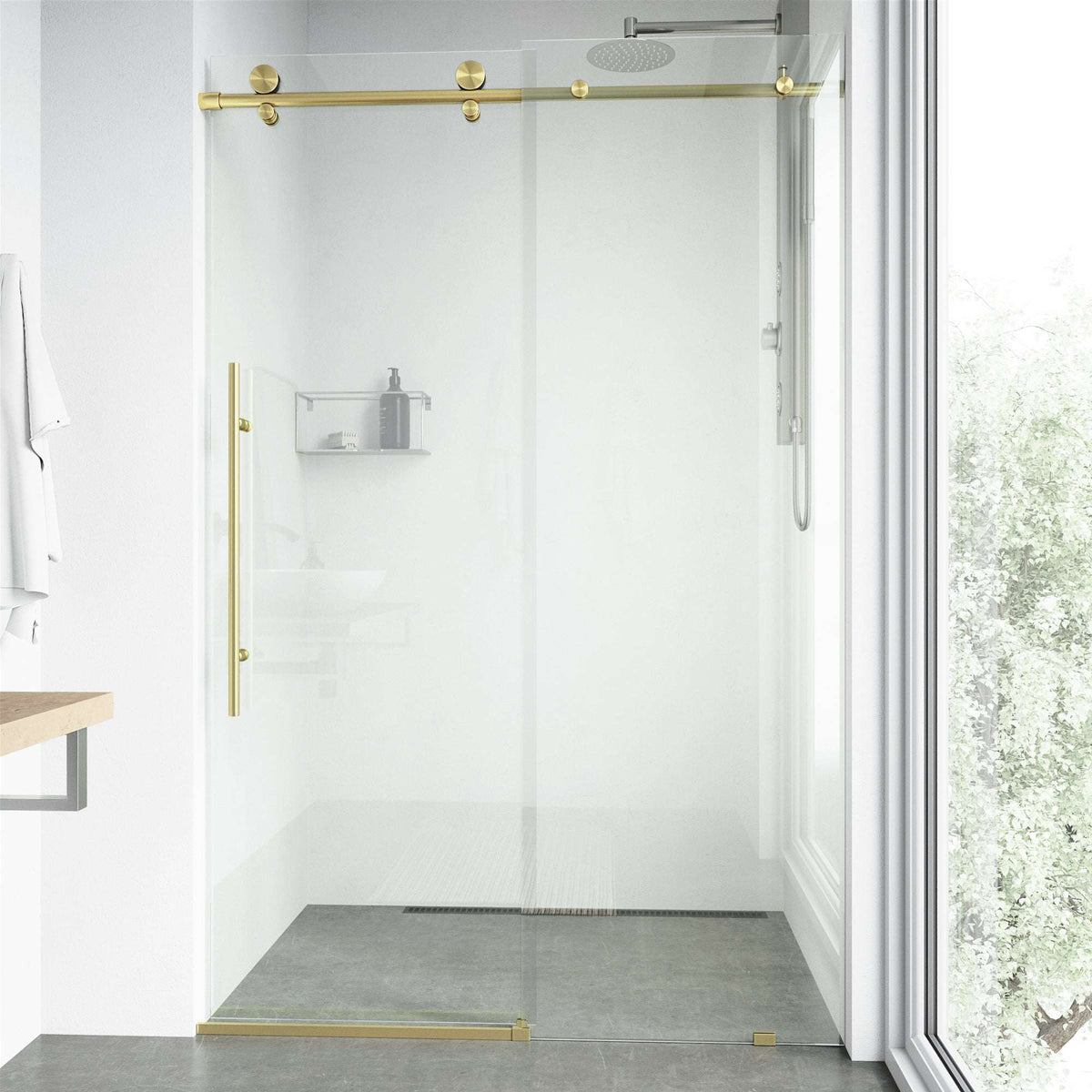 Reversible sliding shower door matte gold finish, 44-48 in. adjustable, tempered glass