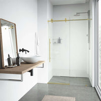 Matte gold finish frameless shower door with clear glass, modern design, 76 in. tall