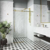 Sliding shower door with matte gold hardware, clear tempered glass, 44-48 in. width