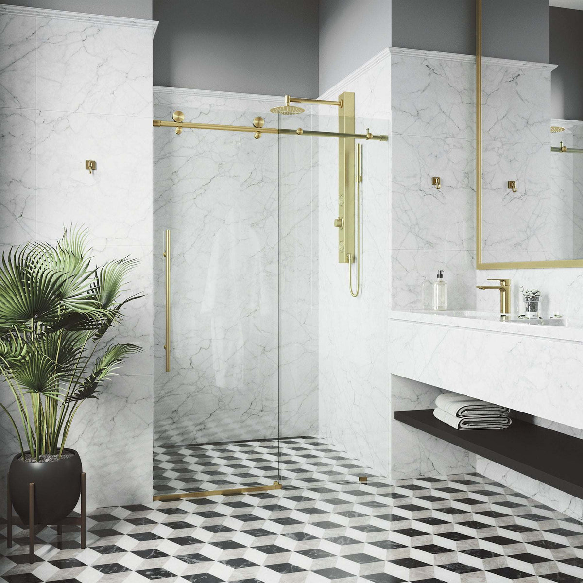 Sliding shower door with matte gold hardware, clear tempered glass, 44-48 in. width
