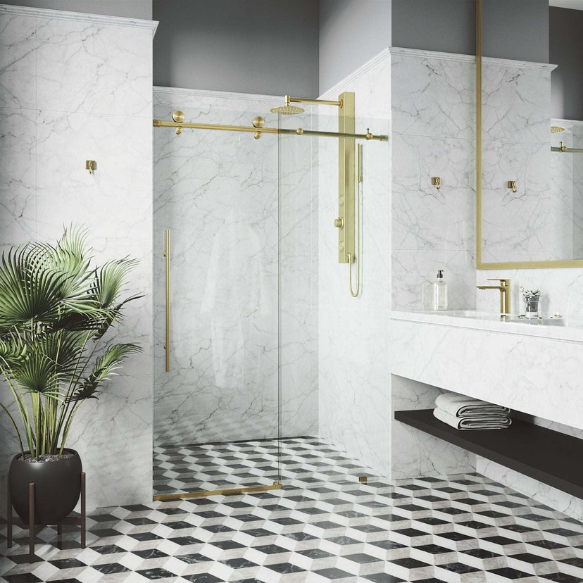Sliding shower door with matte gold hardware, clear tempered glass, 44-48 in. width