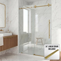 Elan E-Class 52-56 in. W x 76 in. H Frameless Sliding Shower Door in Matte Brushed Gold with 3/8 in. Clear Glass and Elan 24 in. Linear Shower Drain