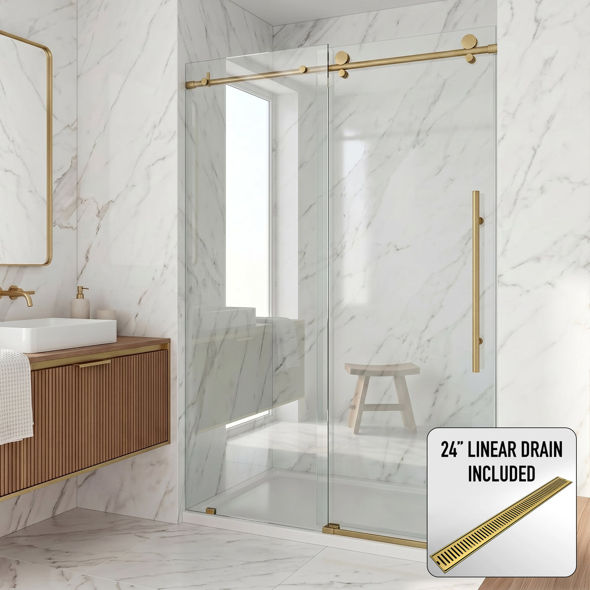Elan E-Class 52-56 in. W x 76 in. H Frameless Sliding Shower Door in Matte Brushed Gold with 3/8 in. Clear Glass and Elan 24 in. Linear Shower Drain