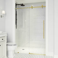 Elan E-Class 52-56 in. W x 76 in. H Frameless Sliding Shower Door in Matte Brushed Gold with 3/8 in. Clear Glass and Elan 24 in. Linear Shower Drain
