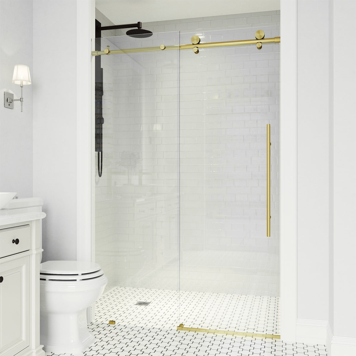 Elan E-Class 52-56 in. W x 76 in. H Frameless Sliding Shower Door in Matte Brushed Gold with 3/8 in. Clear Glass and Elan 24 in. Linear Shower Drain