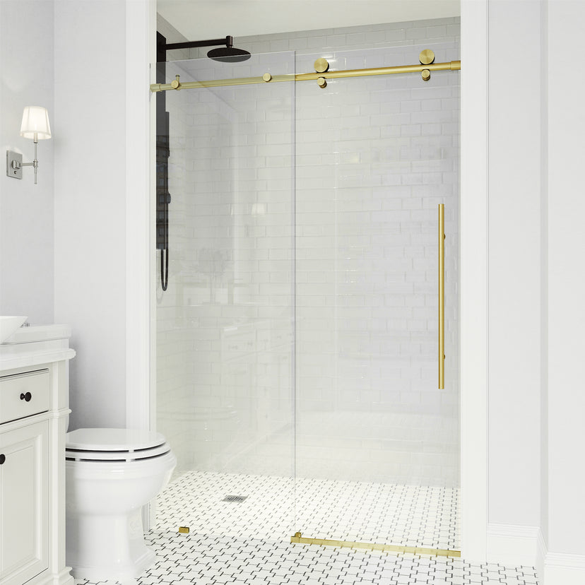 Elan E-Class 52-56 in. W x 76 in. H Frameless Sliding Shower Door in Matte Brushed Gold with 3/8 in. Clear Glass and Elan 24 in. Linear Shower Drain