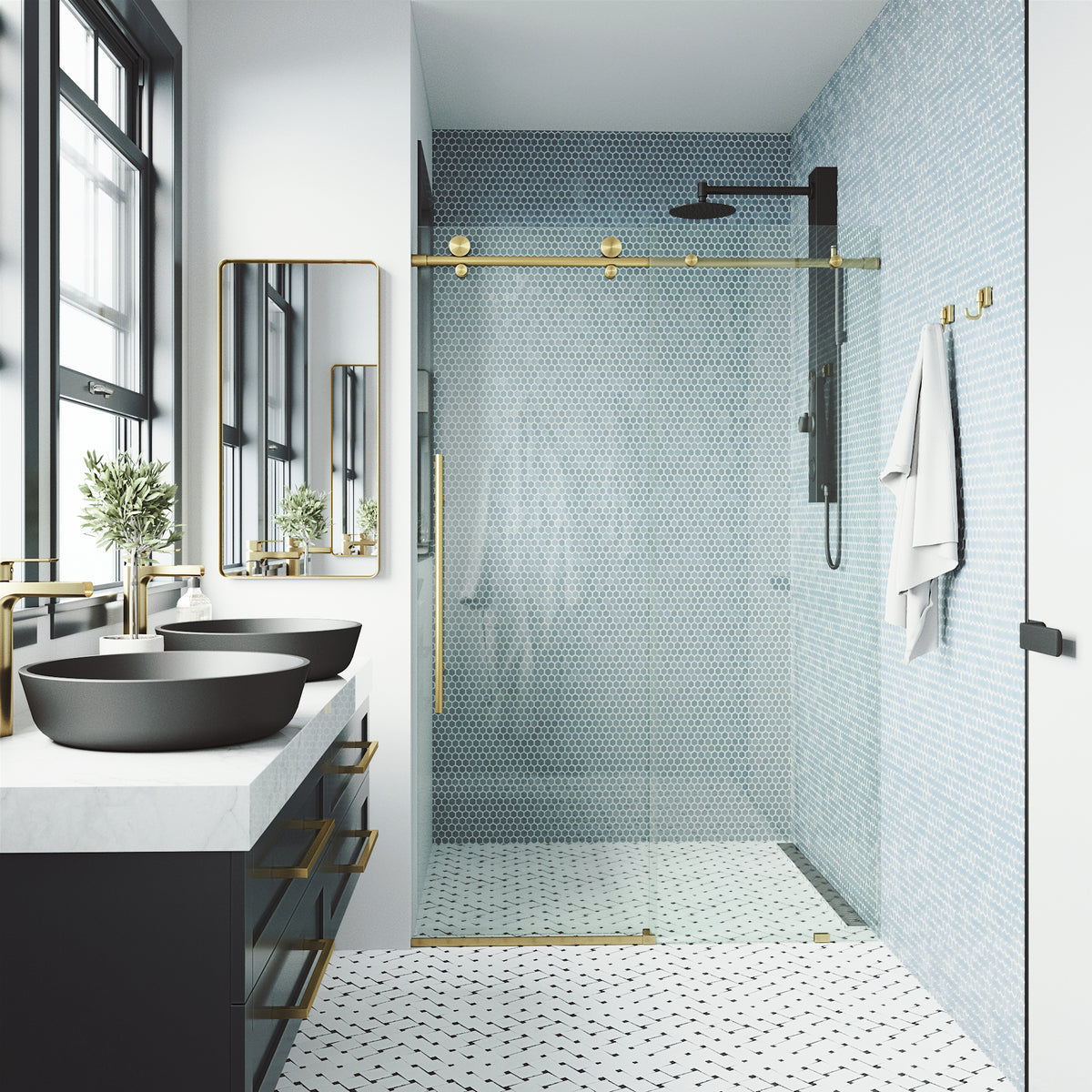 Elan E-Class 52-56 in. W x 76 in. H Frameless Sliding Shower Door in Matte Brushed Gold with 3/8 in. Clear Glass and Elan 24 in. Linear Shower Drain