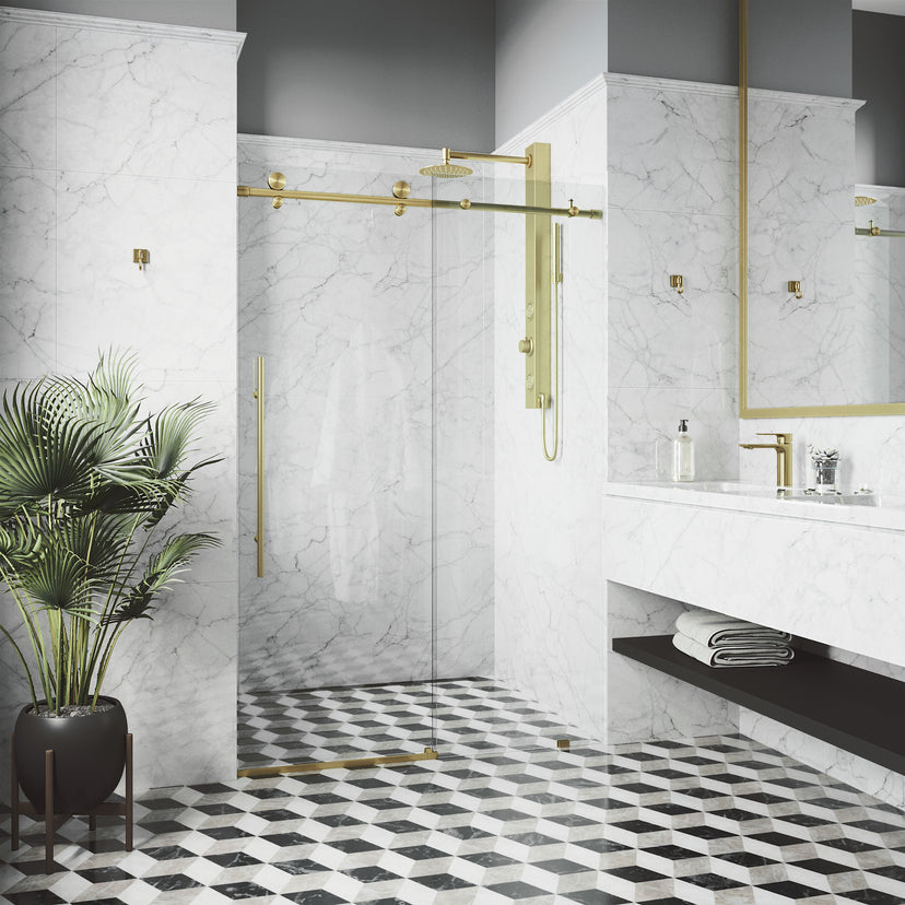 Elan E-Class 52-56 in. W x 76 in. H Frameless Sliding Shower Door in Matte Brushed Gold with 3/8 in. Clear Glass and Elan 24 in. Linear Shower Drain